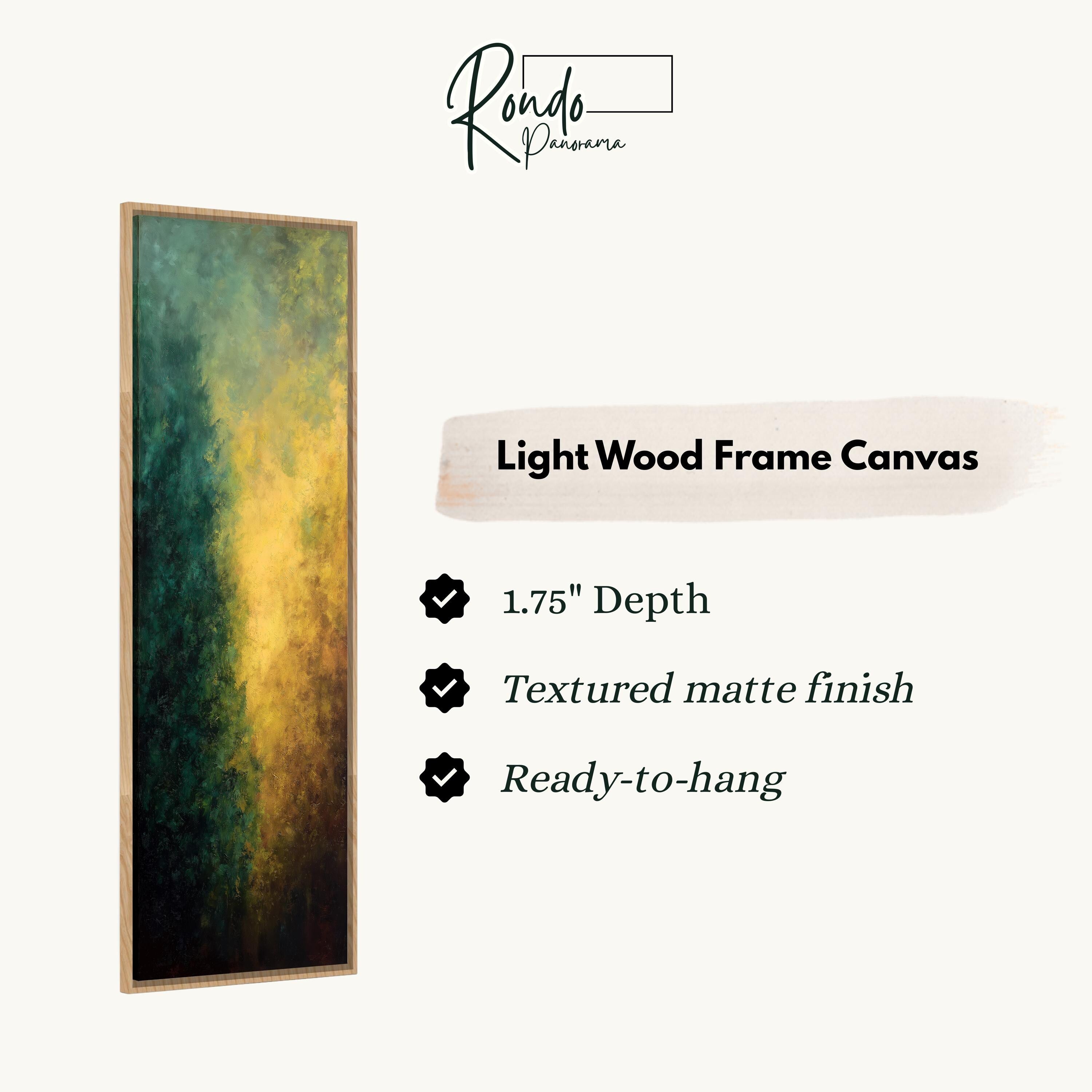 The image is a product description for a light wood frame canvas. It features a vertical painting with a gradient of green and yellow colors. The canvas is described as having a 1.75" depth, a textured matte finish, and is ready to hang.