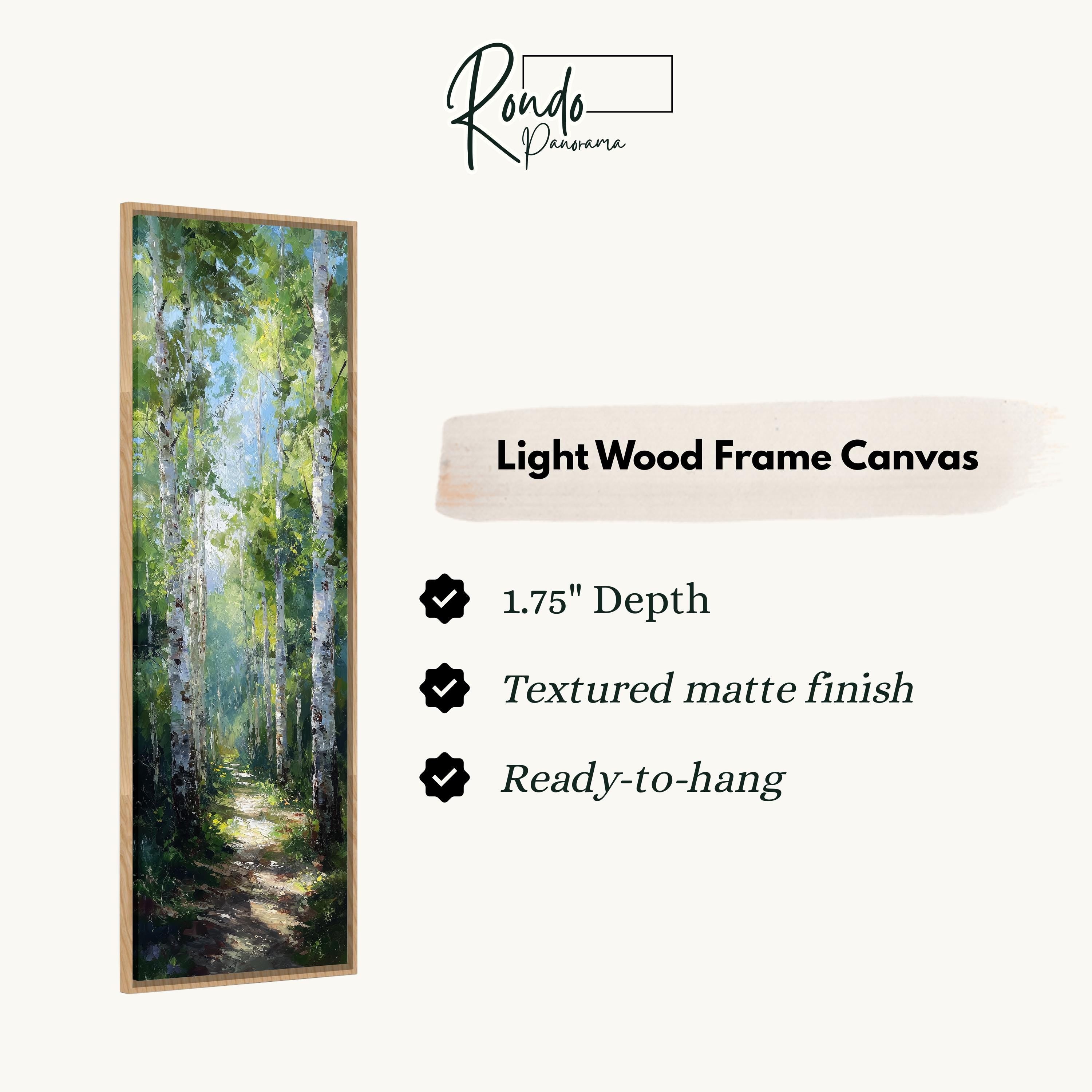 The image is a painting of a forest path with tall trees, and it is described as a light wood frame canvas.