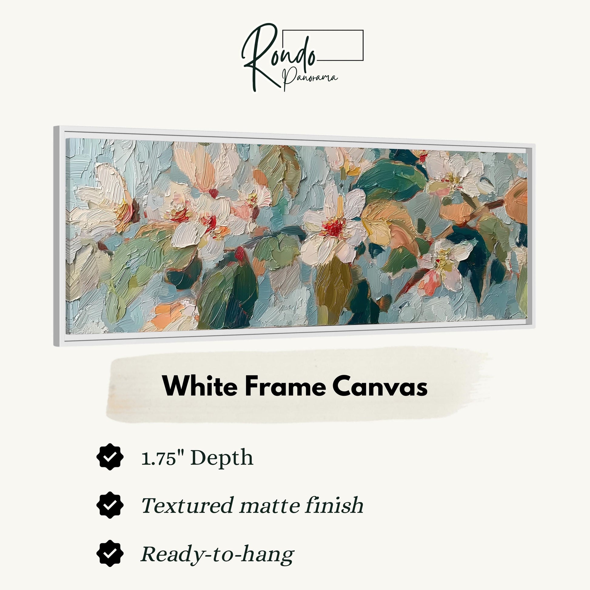 The image is a framed artwork depicting a floral scene with white flowers and green leaves. The frame is described as a "White Frame Canvas" with a depth of 1.75" and a textured matte finish. It is ready to hang and is described as a "Ready-to-hang" product.