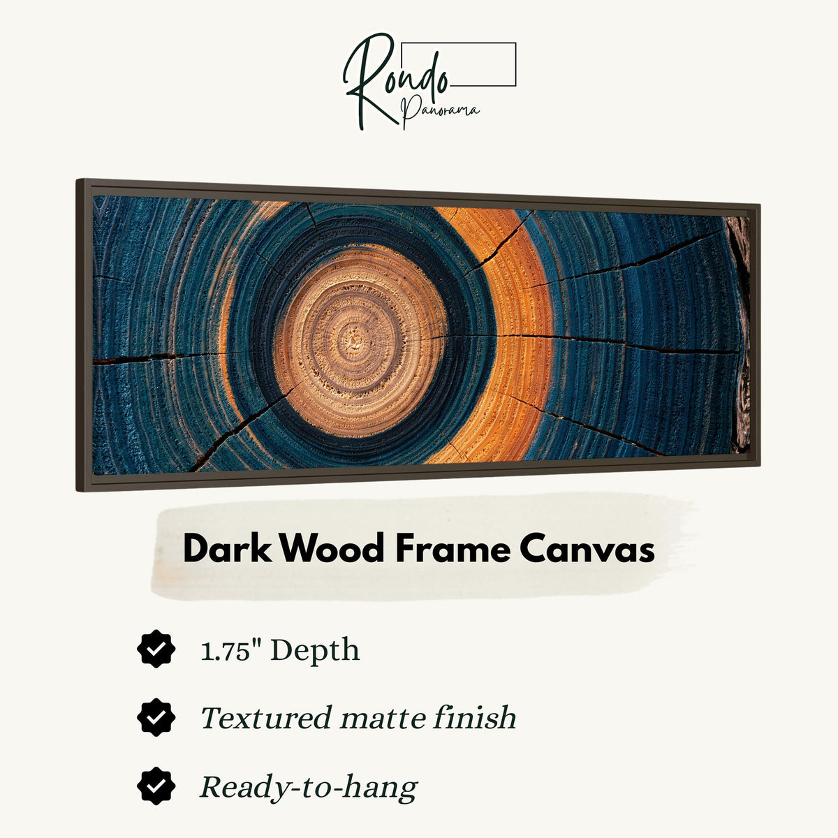 Teal and orange tree ring canvas print in a dark wood floating frame