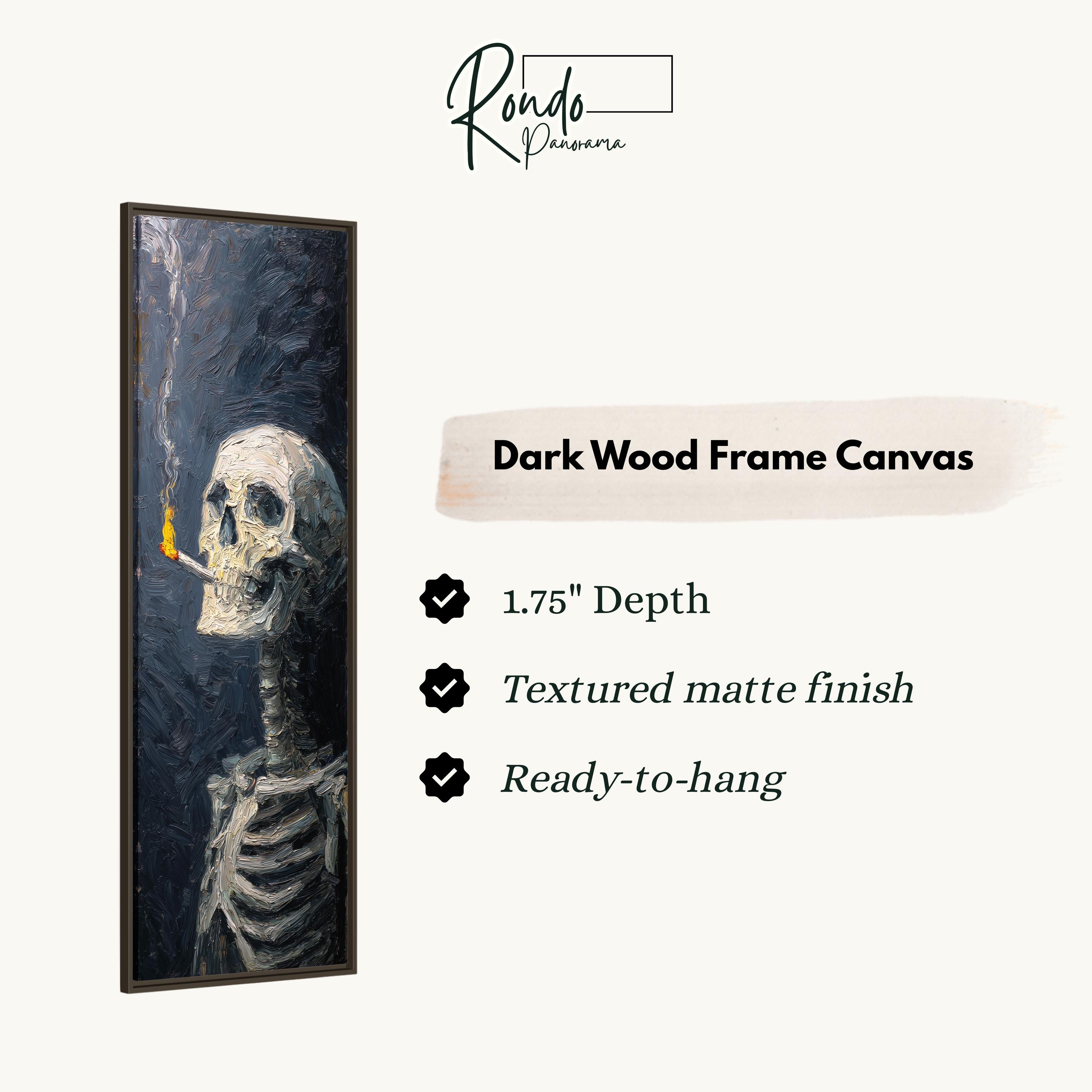 The image is a dark wood frame canvas featuring a painting of a skeleton with a lit cigarette.