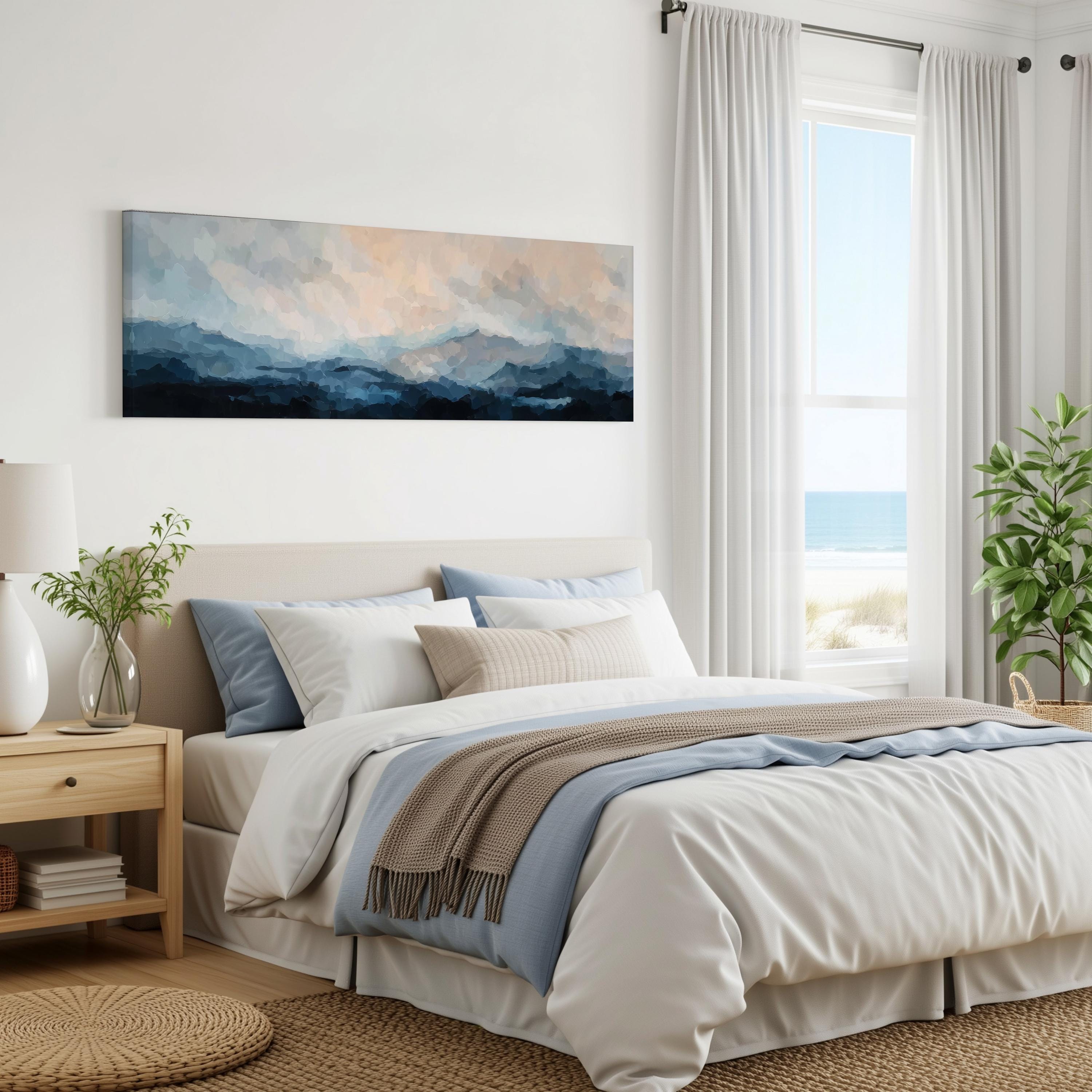 a serene bedroom with a large bed, a painting of a landscape on the wall, and a window overlooking the ocean.