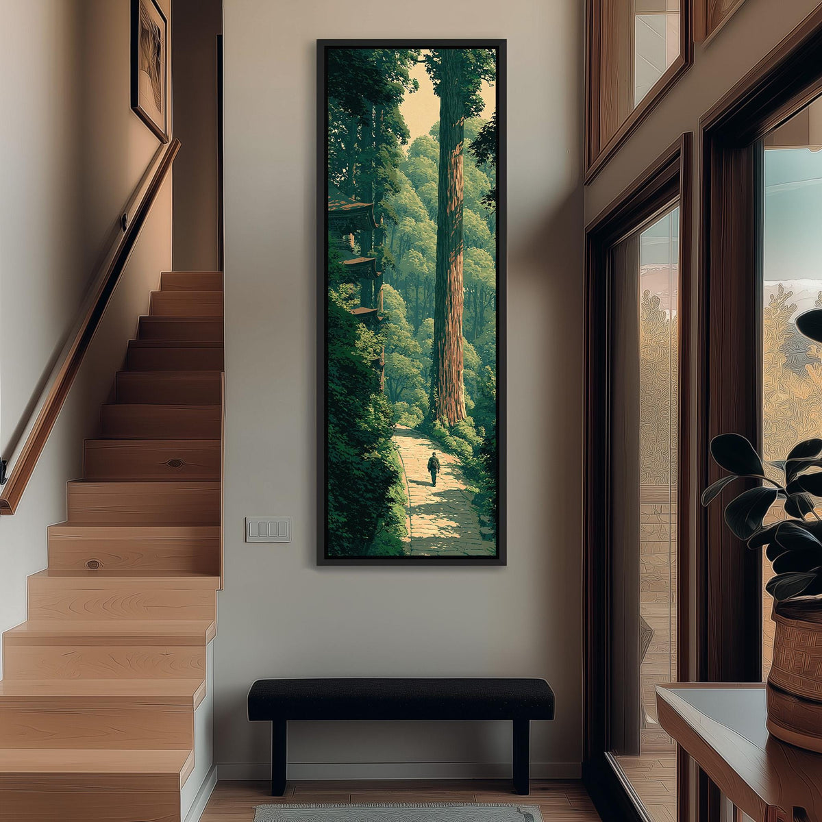 Forest path toward a pagoda long vertical canvas print in a sunlit living space