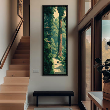 Forest path toward a pagoda long vertical canvas print in a sunlit living space