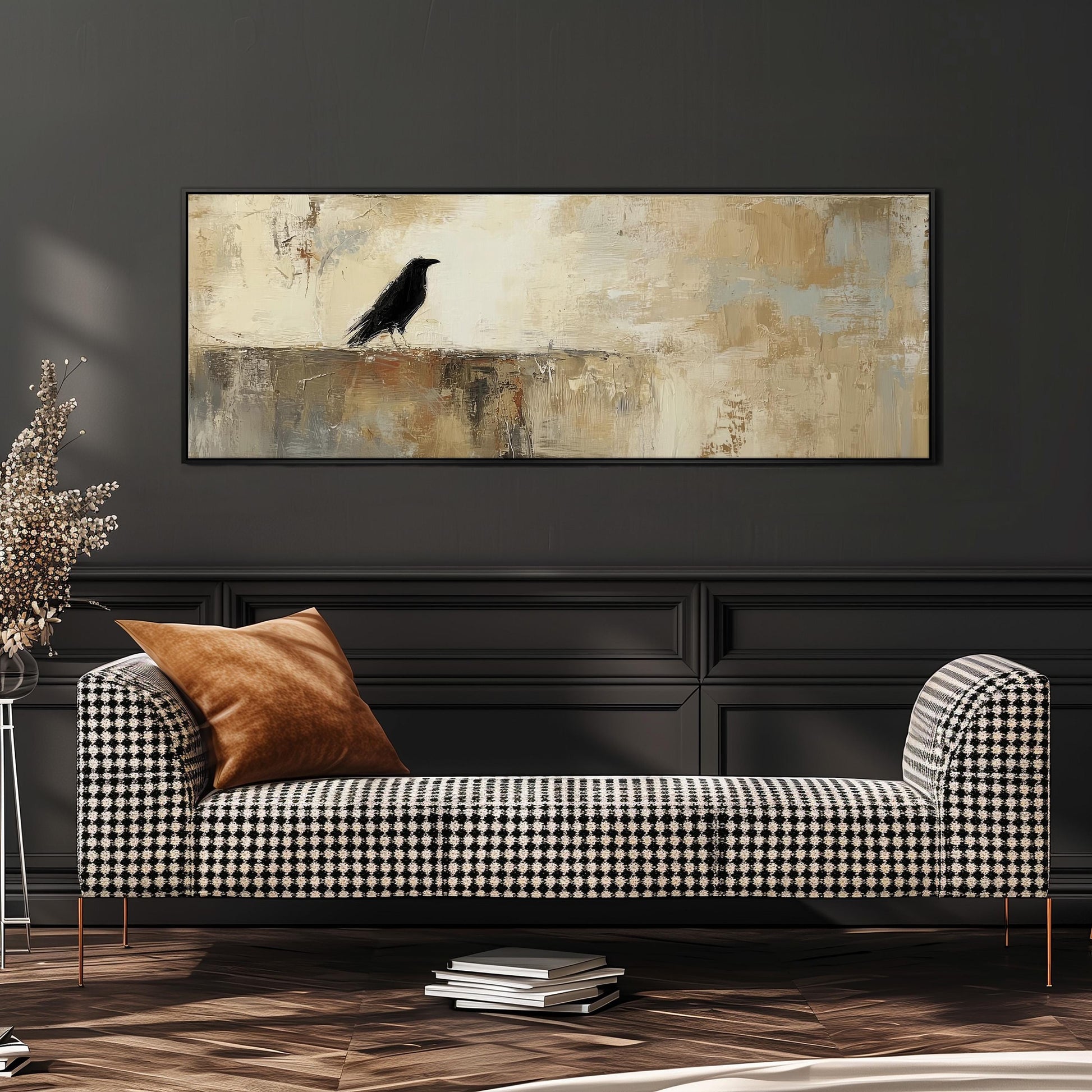 a black and white checkered sofa with a brown throw pillow, set against a dark wall with a large painting of a bird hanging above it.