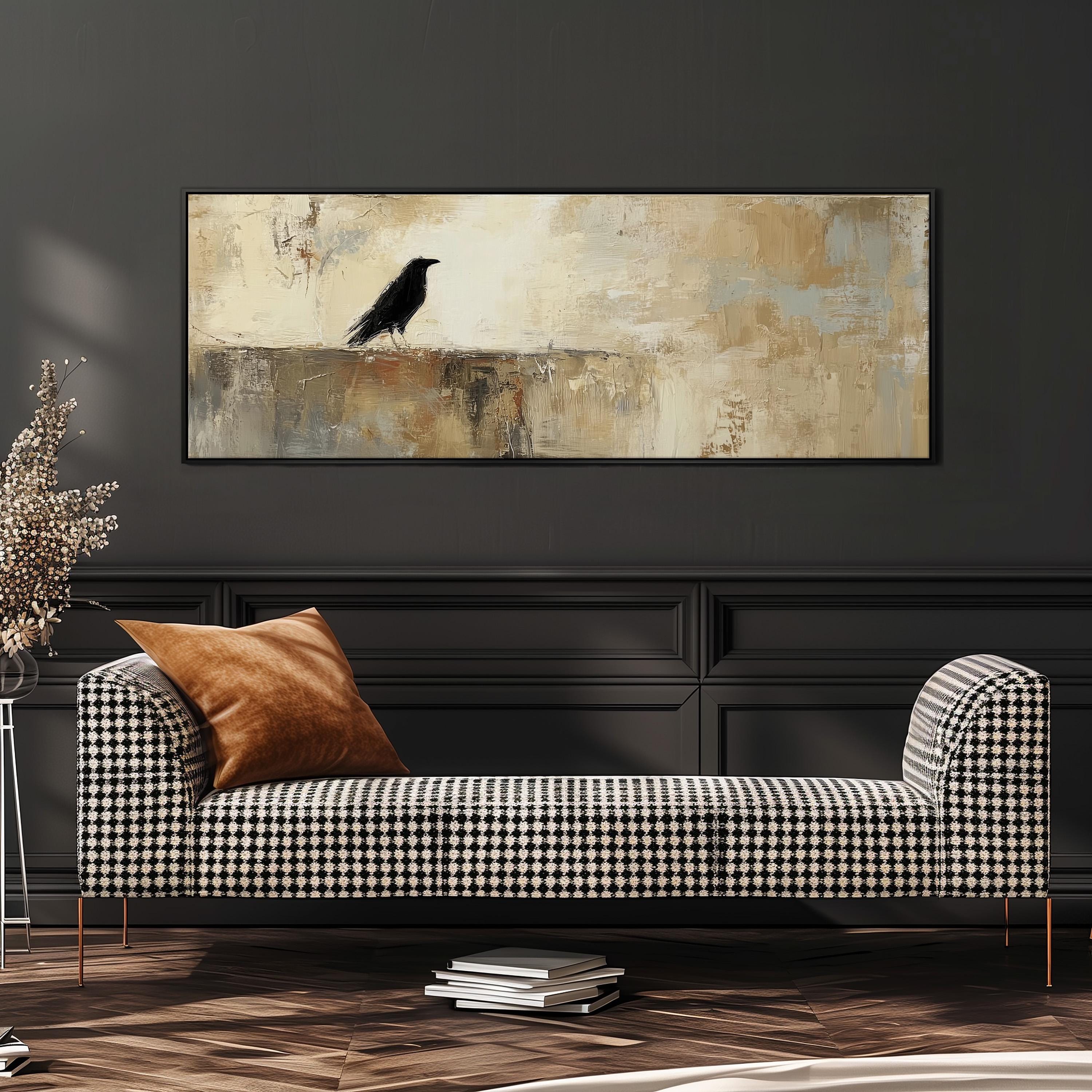 a black and white checkered sofa with a brown throw pillow, set against a dark wall with a large painting of a bird hanging above it.