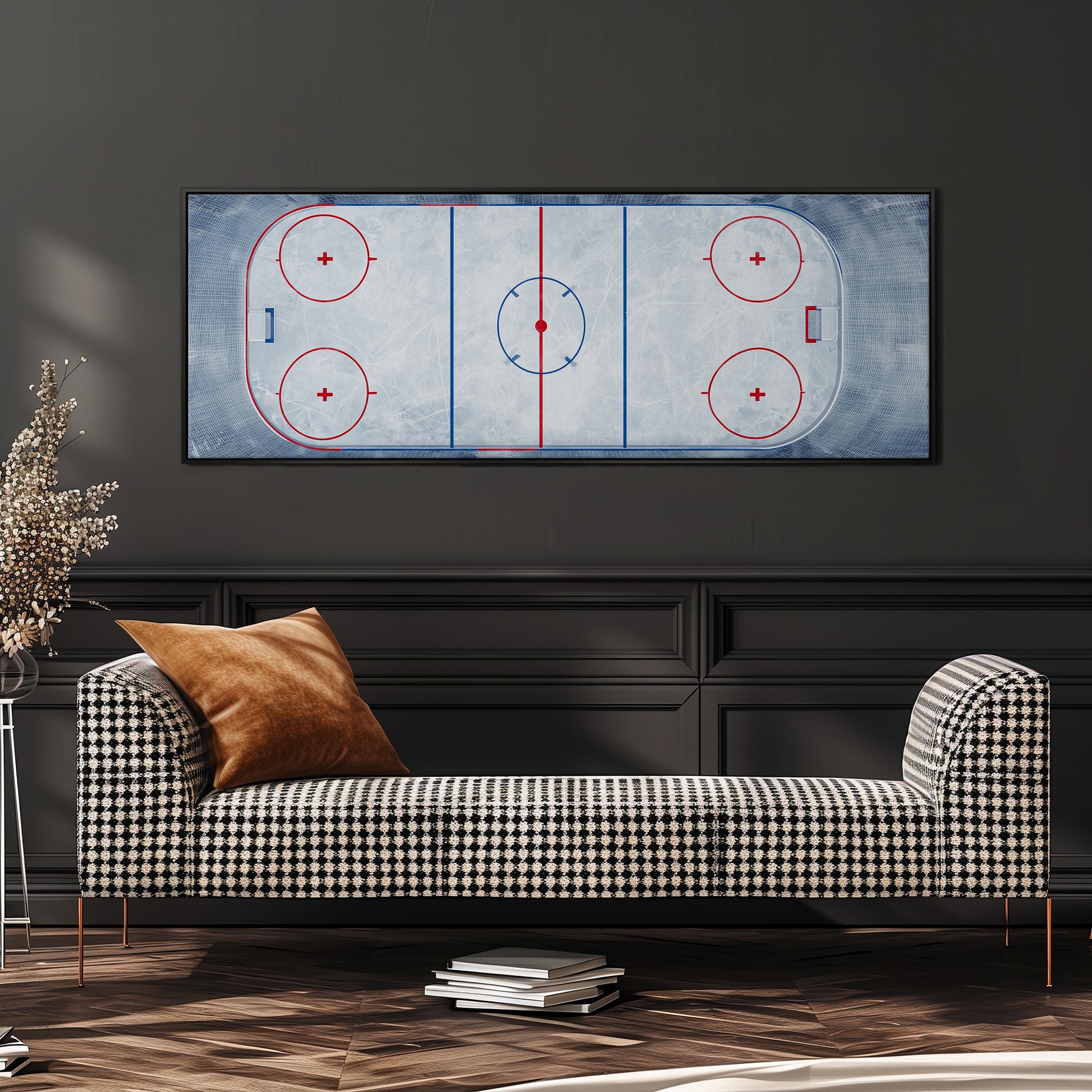 a black and white checkered sofa with a brown throw pillow, positioned in front of a large framed hockey rink artwork on the wall.