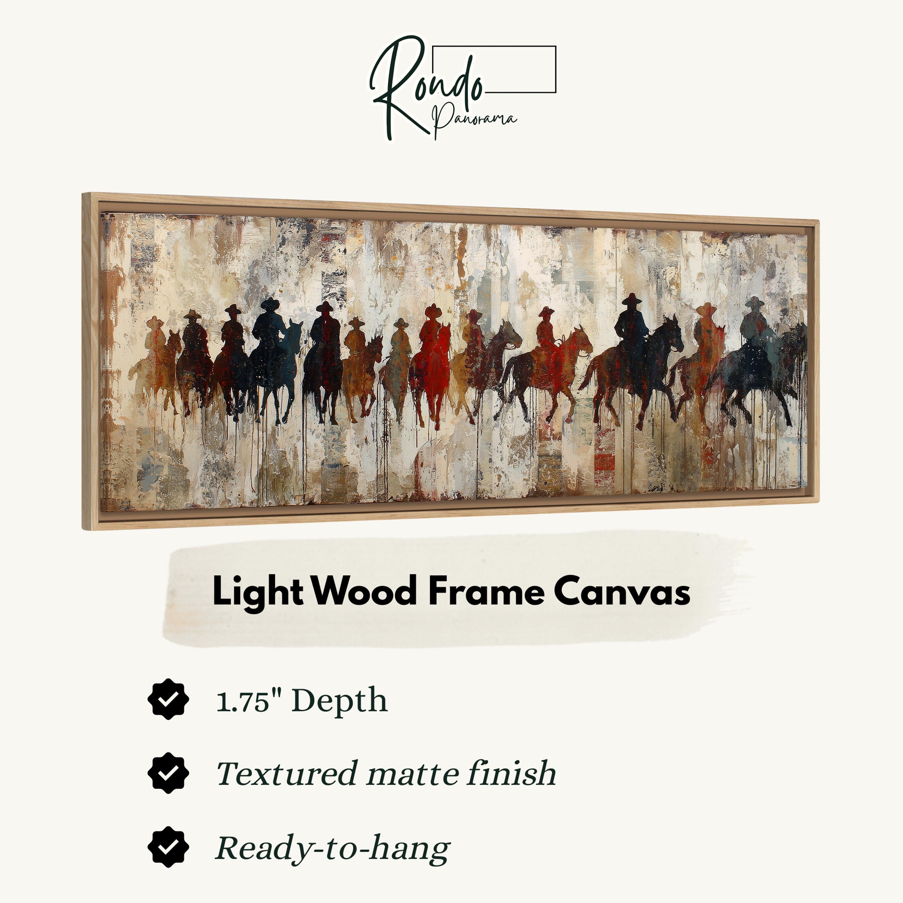 The image is a framed artwork depicting a group of people riding horses, with a textured finish and a light wood frame.