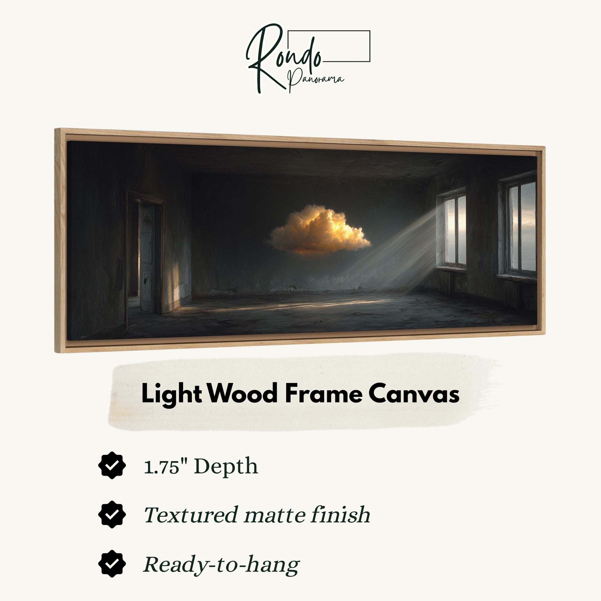 The image is a framed artwork depicting an empty room with a large, glowing cloud in the center, creating a dramatic and atmospheric scene.