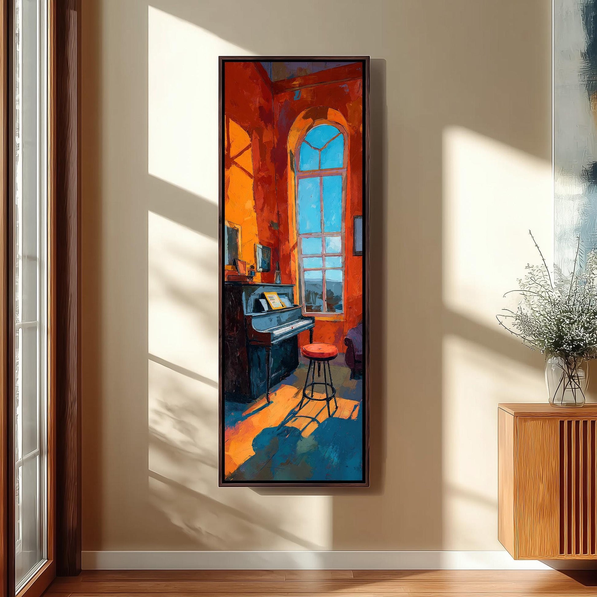 a large, colorful painting of a piano and a stool in a room with a window, creating a warm and inviting atmosphere.