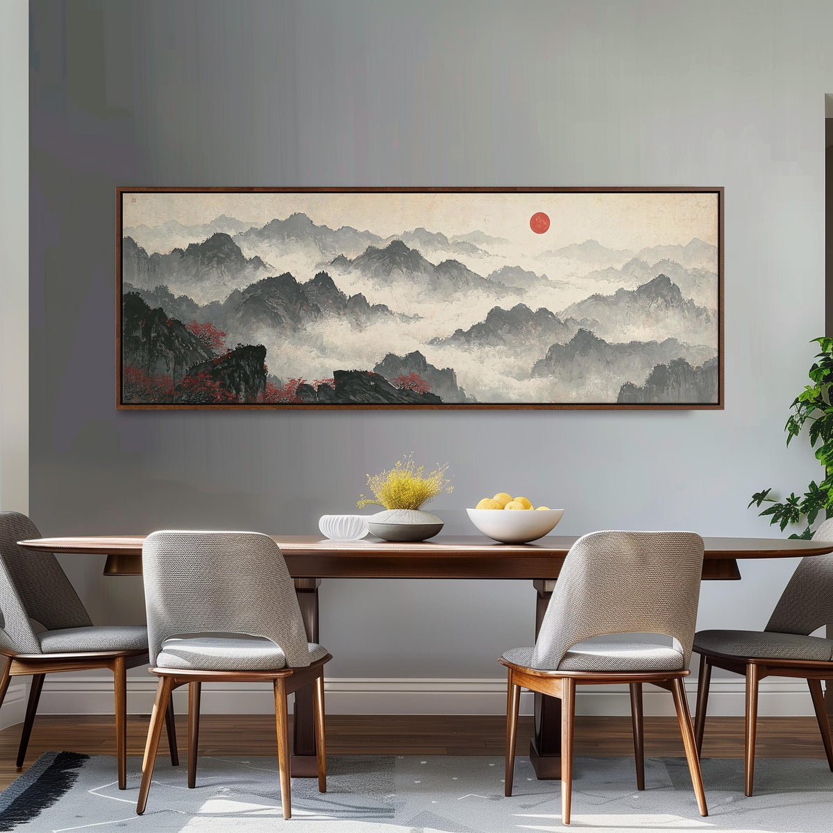 Misty ink mountains under a red sun long horizontal canvas print above a dining table