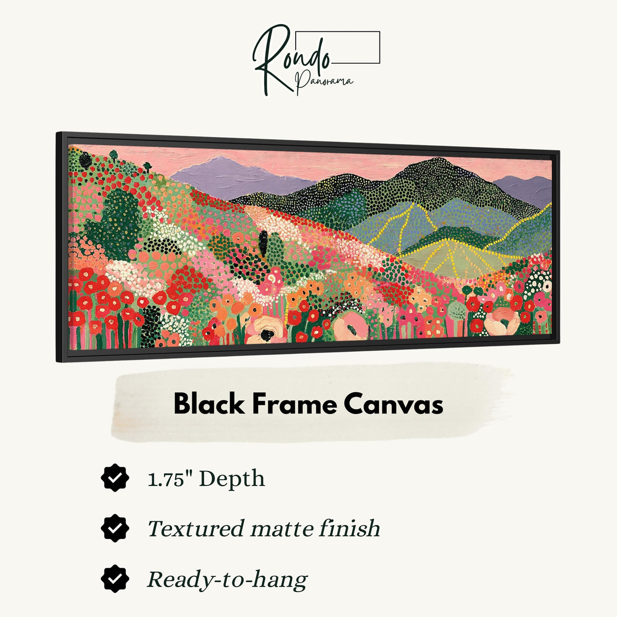 Dotted poppy mountains under a pink sky canvas print in a black floating frame