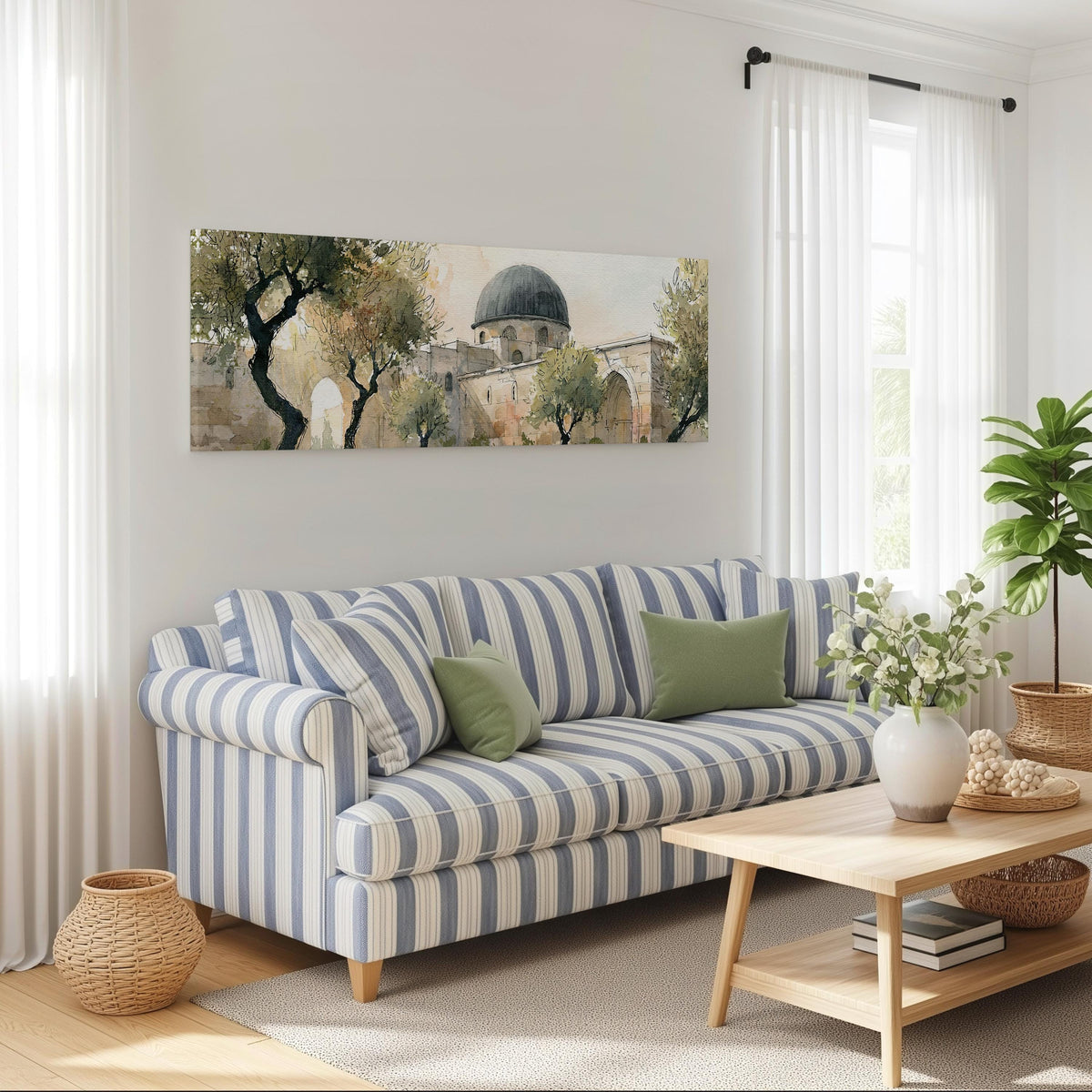 Old stone dome in a sketch style long horizontal canvas print above a striped sofa in a coastal living room