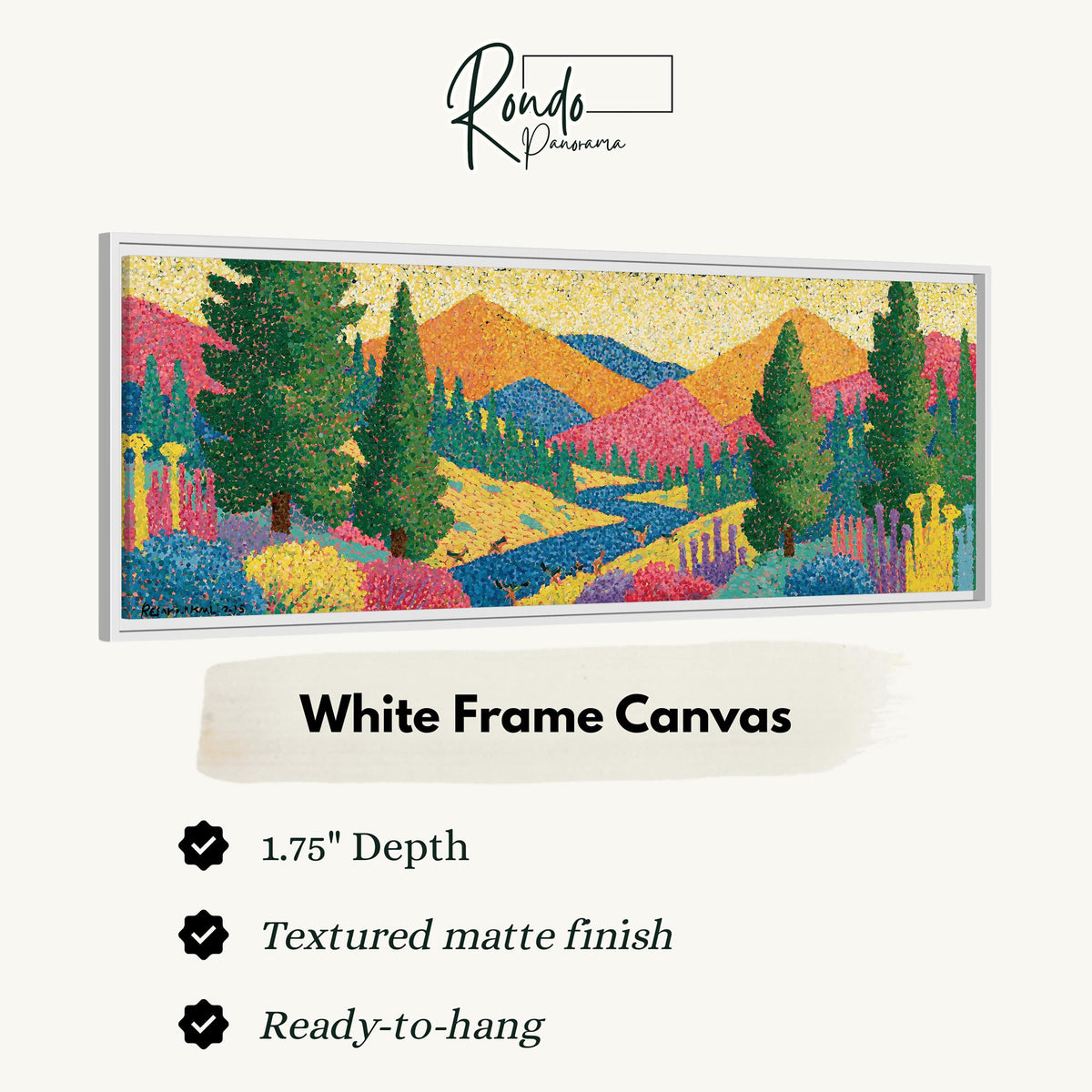 Colorful pine mountain valley canvas print in a white floating frame