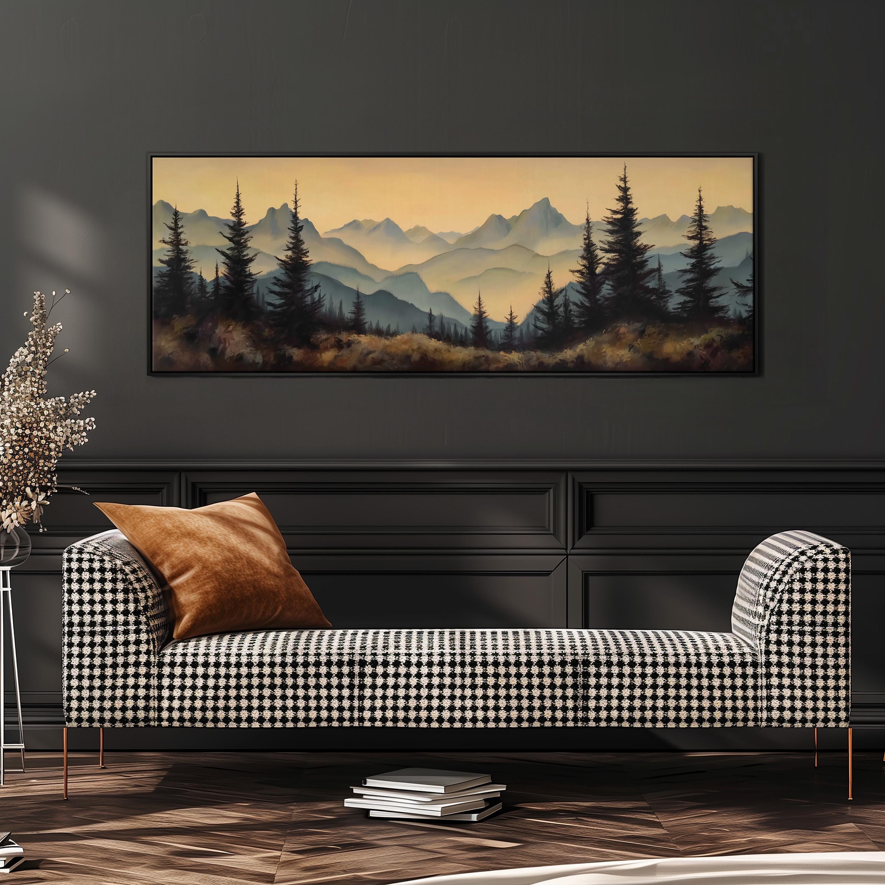 a large landscape painting hanging on a wall above a black and white checkered sofa with a brown throw pillow.