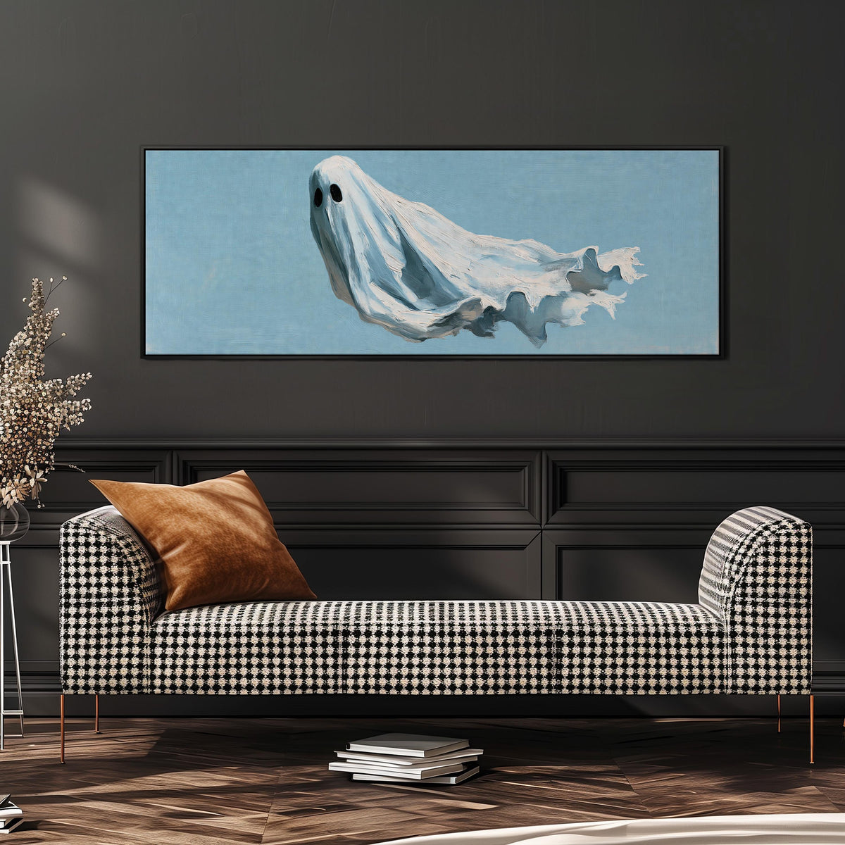 Drifting ghost spirit wide panoramic canvas print above a bench in a dark living room