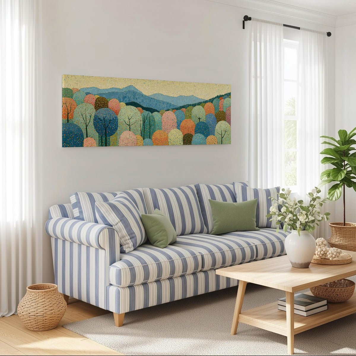 Pastel dotted forest below blue mountains long horizontal canvas print above a striped sofa in a coastal living room