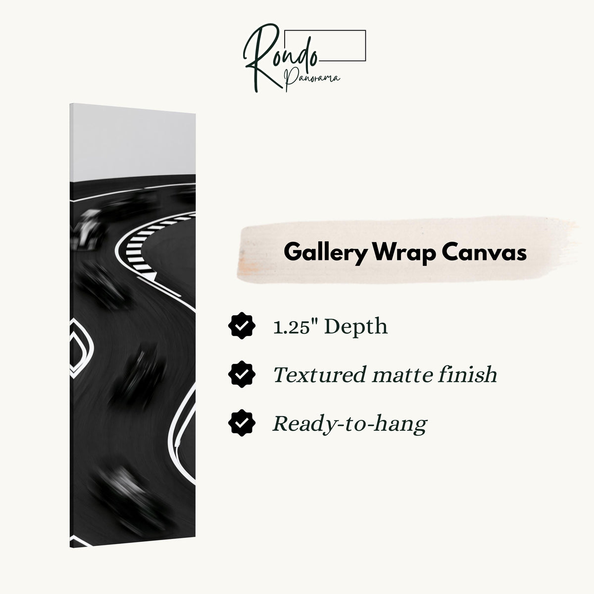 Race cars blurring around a curved track gallery wrap canvas with the image wrapped around the edges