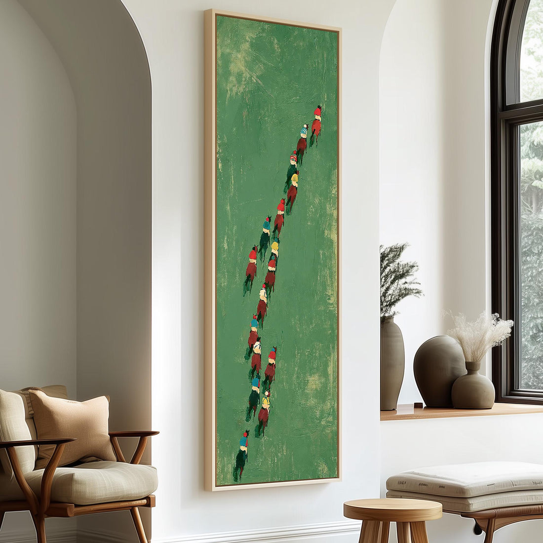Racehorses and jockeys seen from above long vertical canvas print in a sunlit living space