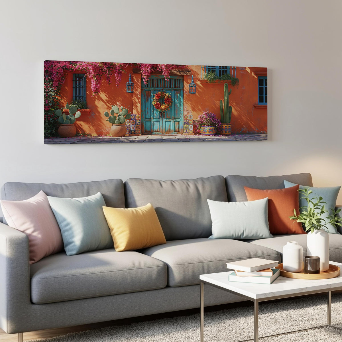 Adobe doorway with a wreath and cacti panoramic canvas print above a grey sofa in a living room