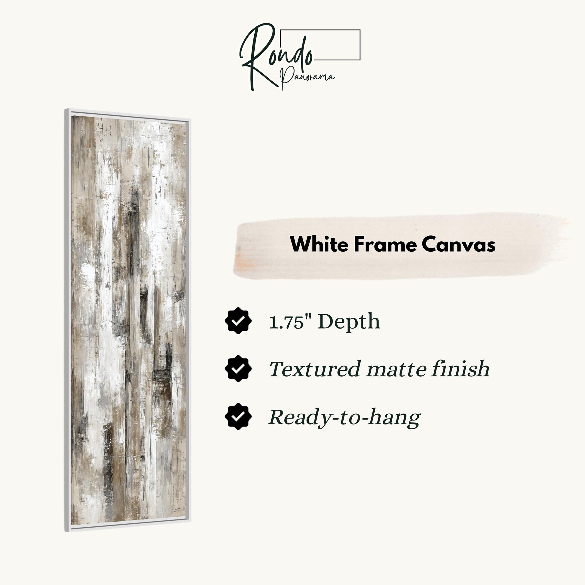 The image is a product description for a white frame canvas. It features a vertical wooden frame with a textured finish and a textured matte finish. The canvas is described as having a 1.75" depth and is ready to hang.