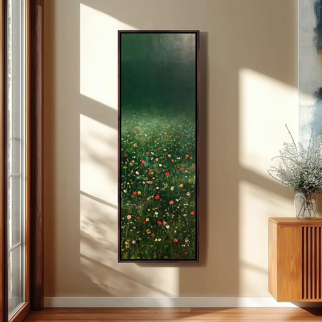 Twilight meadow of tiny wildflowers long vertical canvas print in a sunlit living space