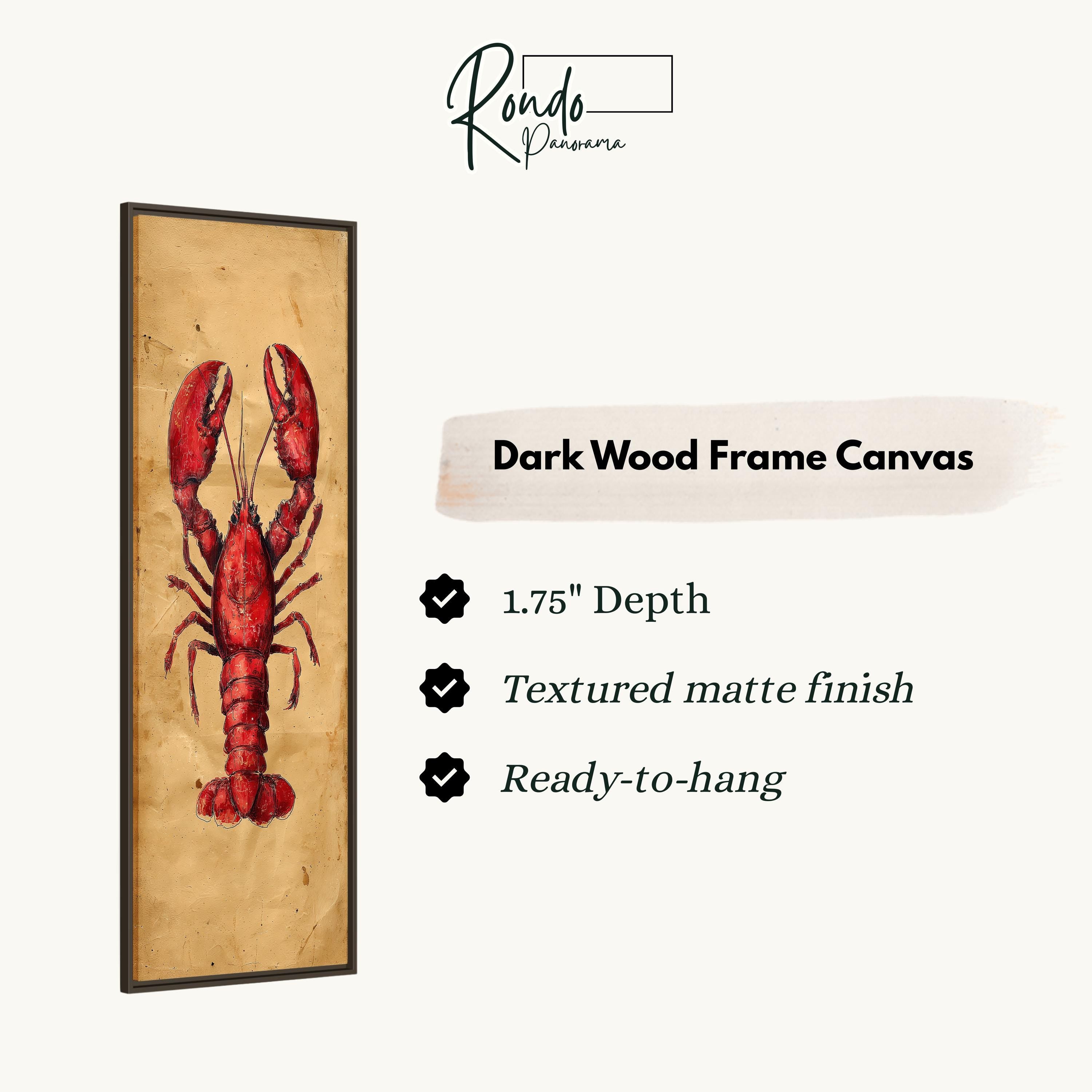 a framed artwork of a red lobster on a wooden frame.