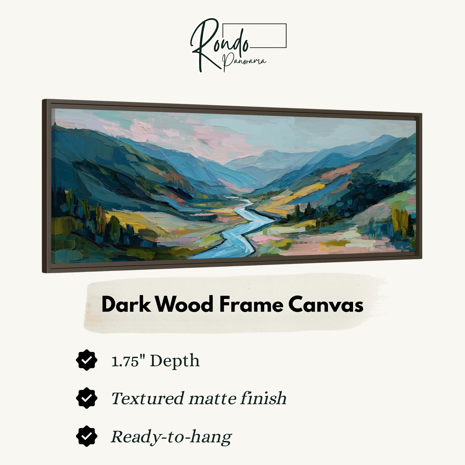The image is a framed artwork depicting a scenic landscape with mountains, a river, and trees.