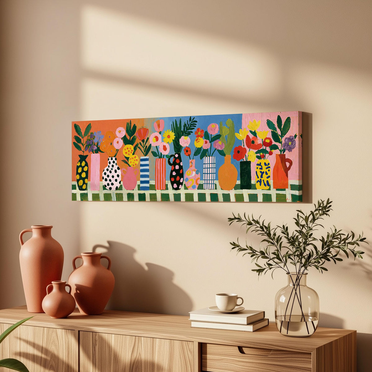 Patterned vases with bright bouquets long horizontal canvas print above a wooden sideboard