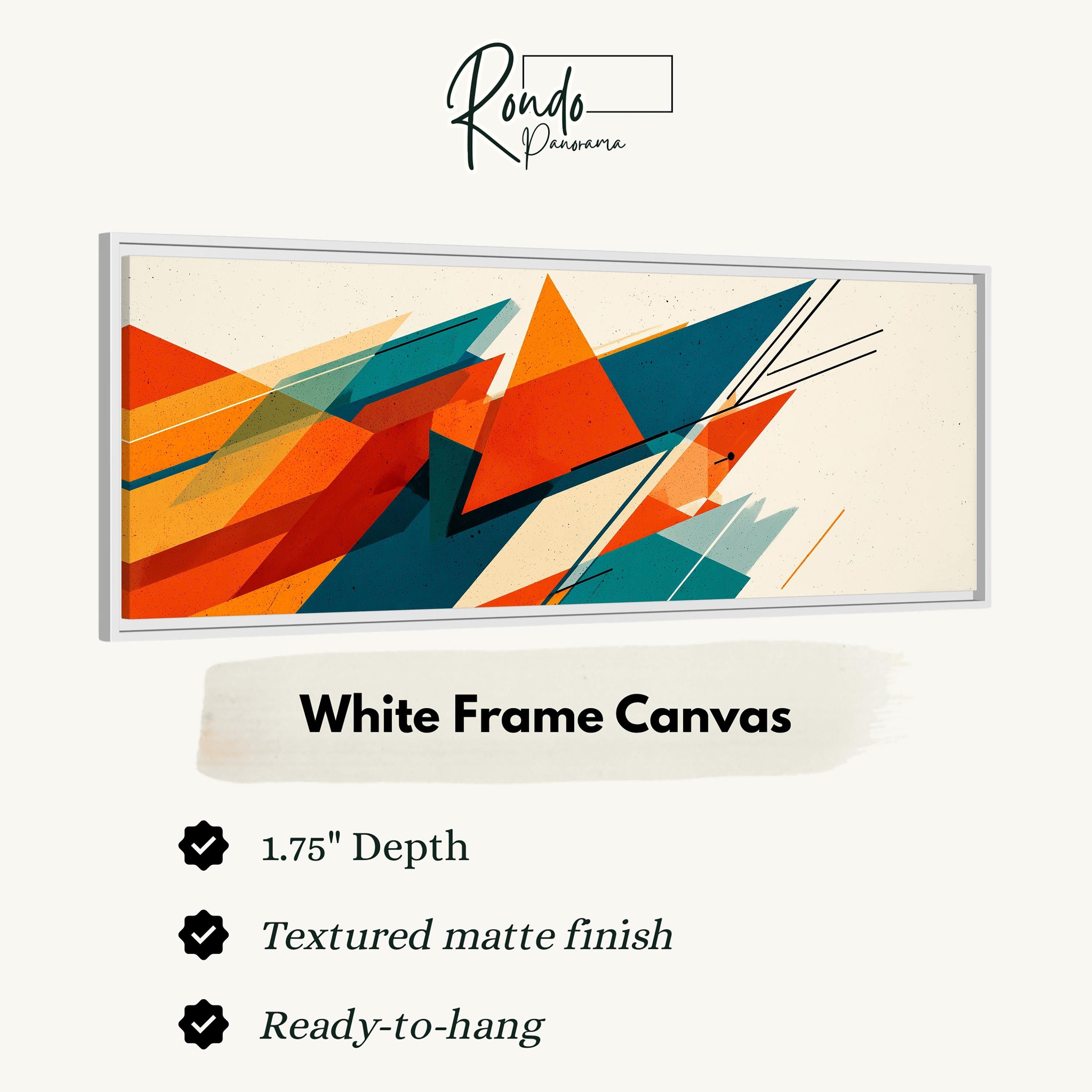 The image is a white frame canvas with a geometric abstract design in various shades of orange, green, and blue.