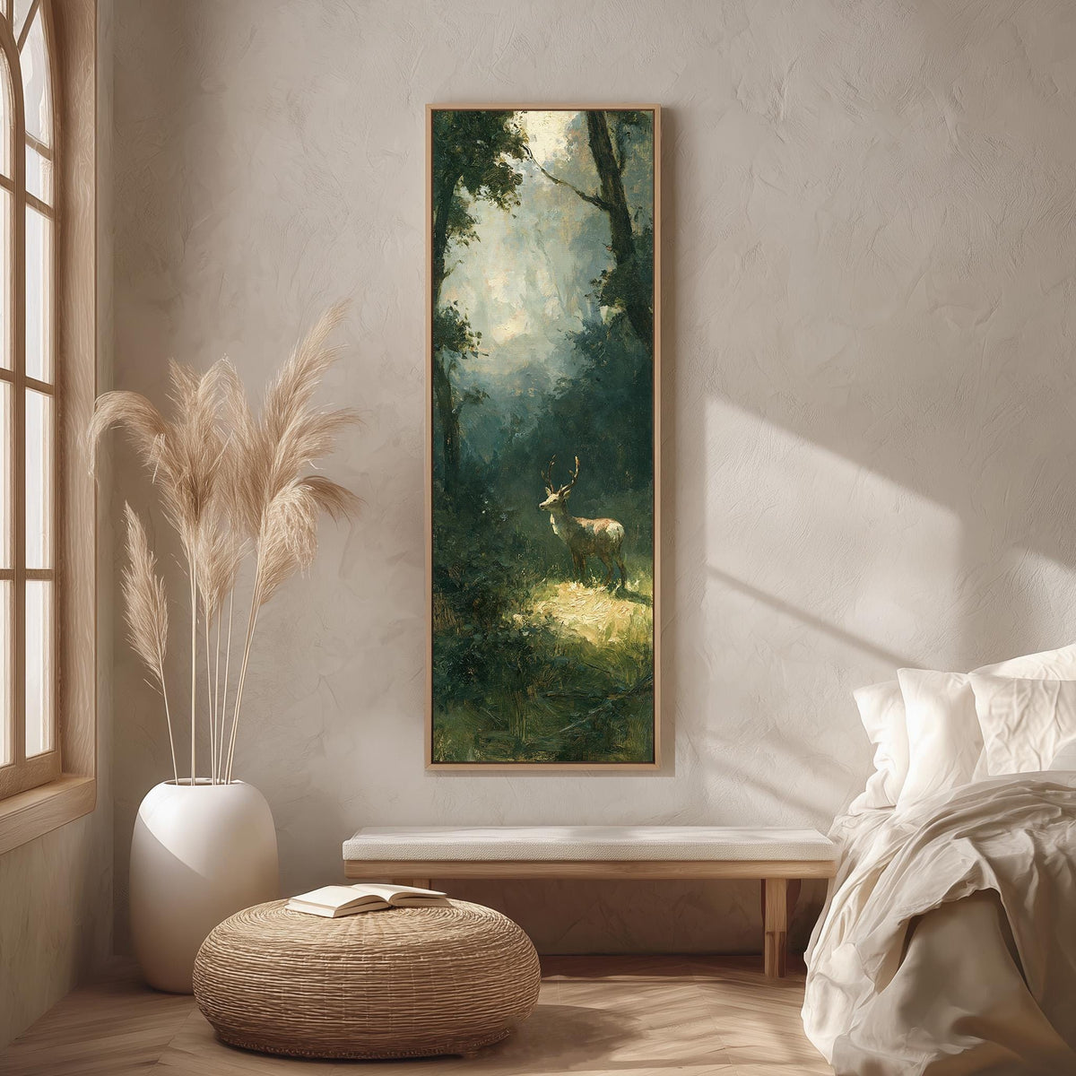 Deer in a misty forest glade long vertical canvas print in a bright reading corner