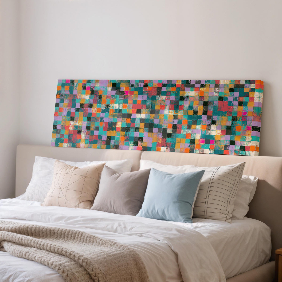 Jewel tone checker mosaic wide panoramic canvas print above a bed in a bedroom
