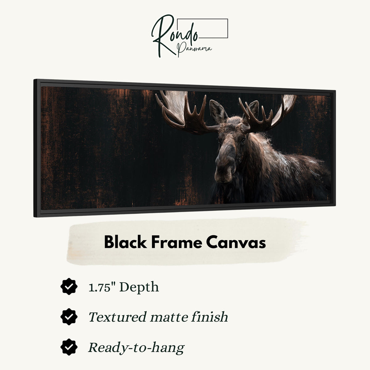 Dark moose portrait canvas print in a black floating frame