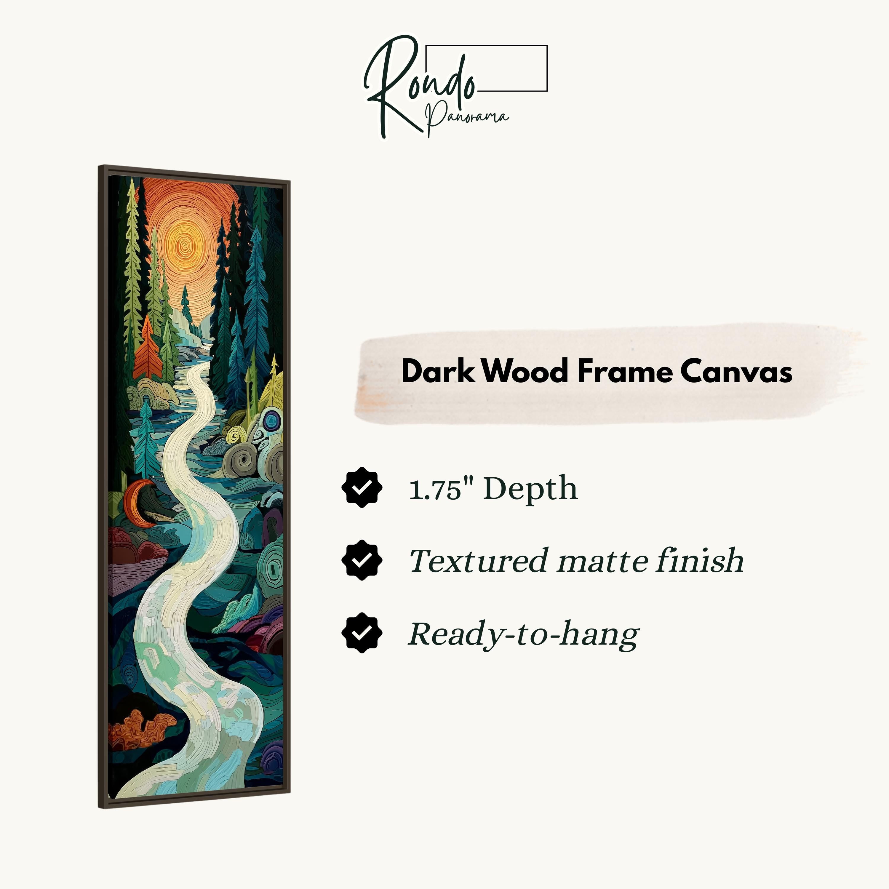The image is a framed artwork depicting a winding river surrounded by a forest landscape.