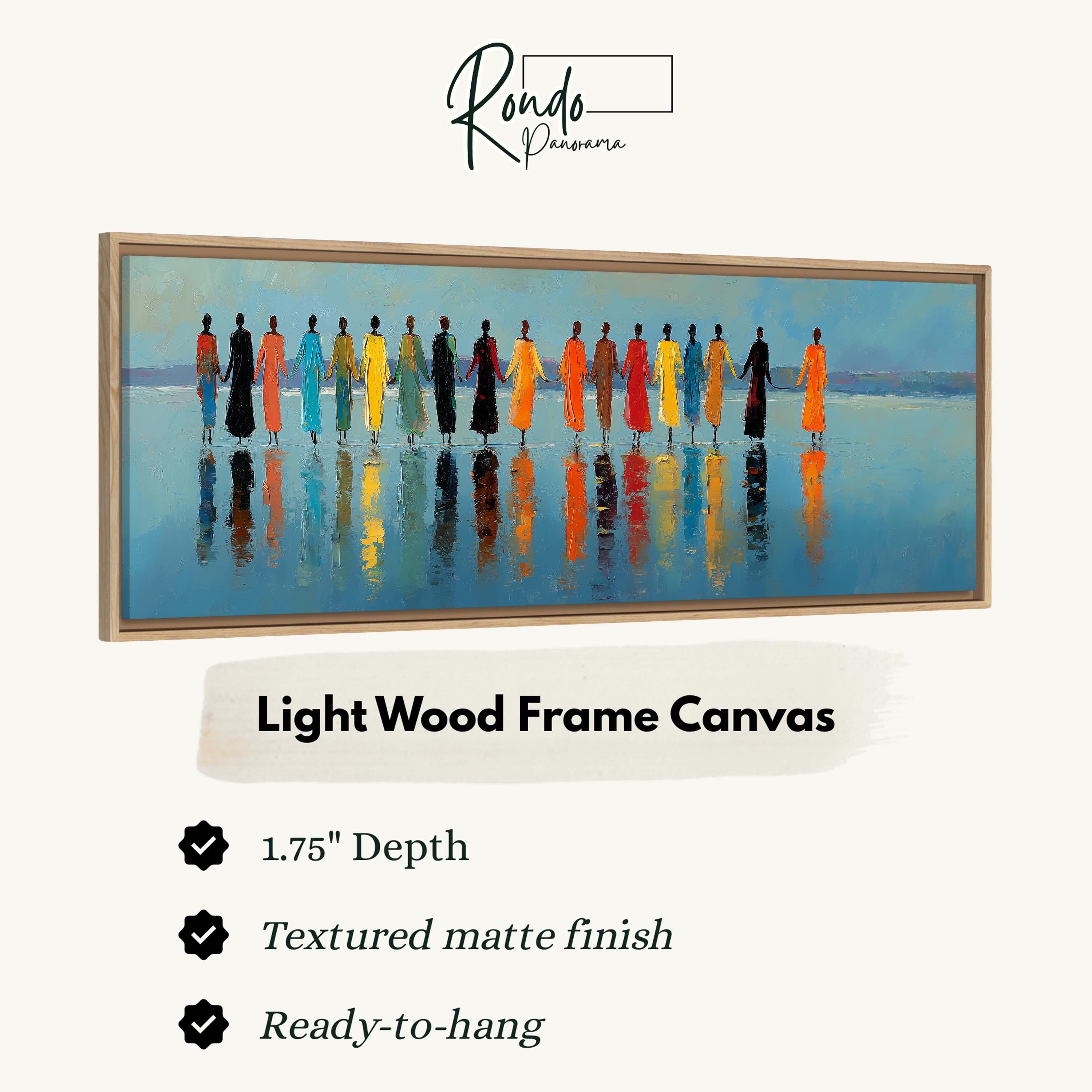 The image is a framed artwork depicting a group of people standing in a line on a body of water, with their reflections visible in the water.