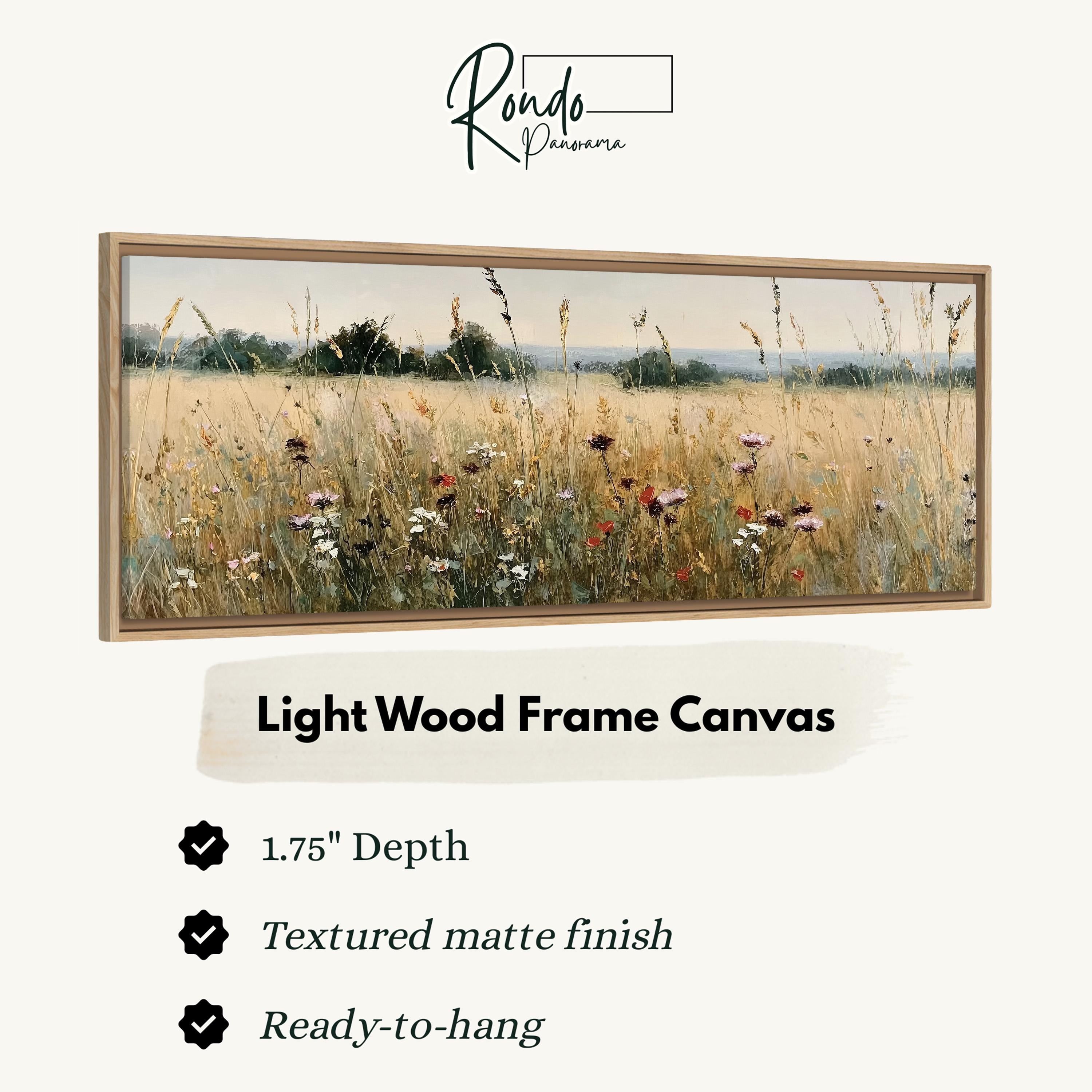 The image is a framed painting depicting a field of tall grass with wildflowers.