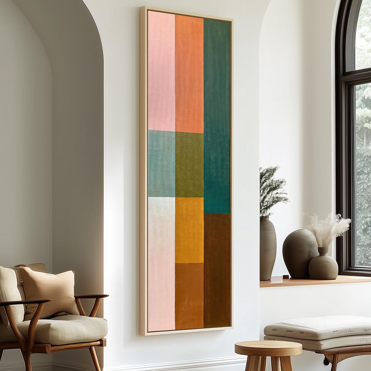 Pastel and earth tone color block grid tall skinny canvas print in a sunlit living space