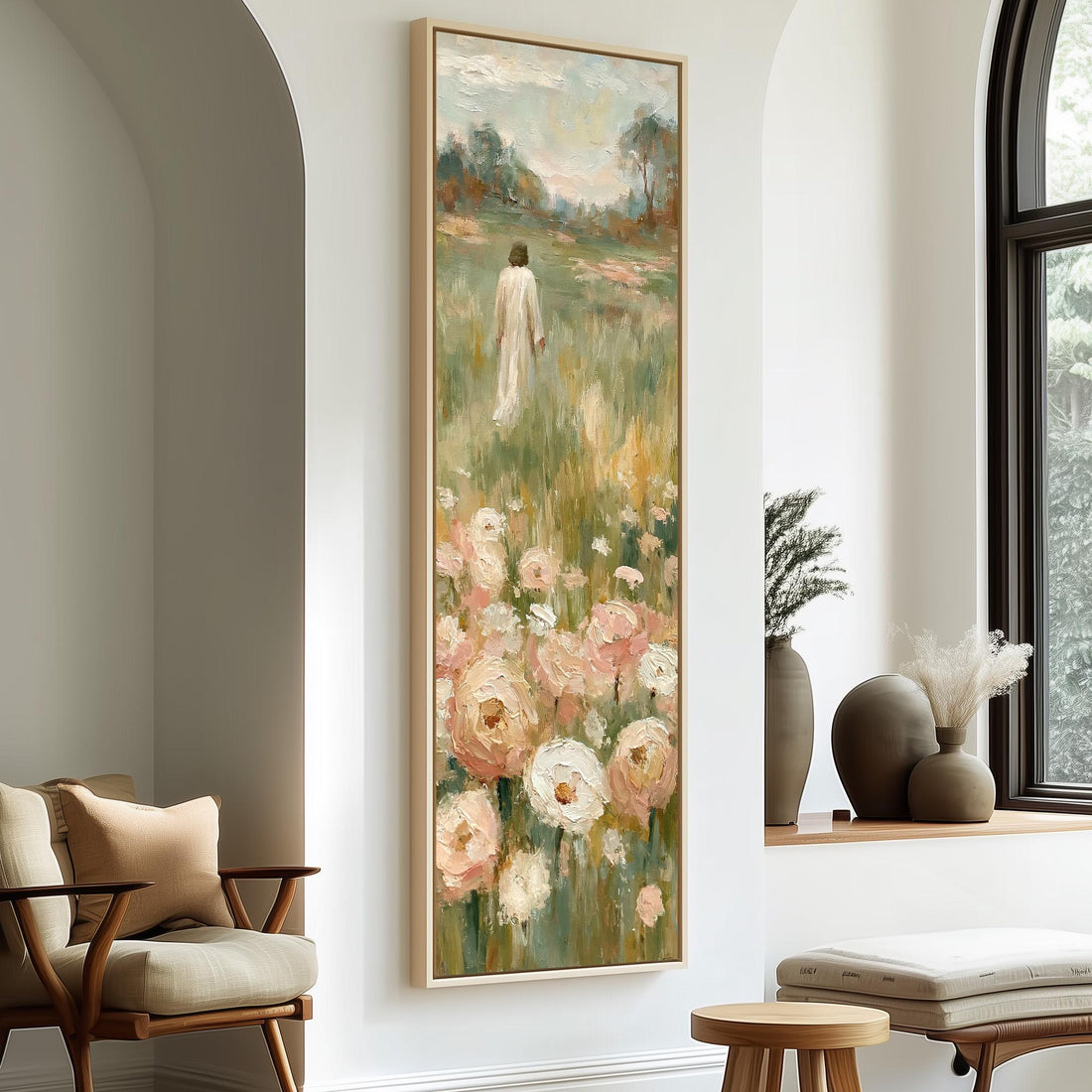 Jesus standing in a blush rose meadow long vertical canvas print in a sunlit living space