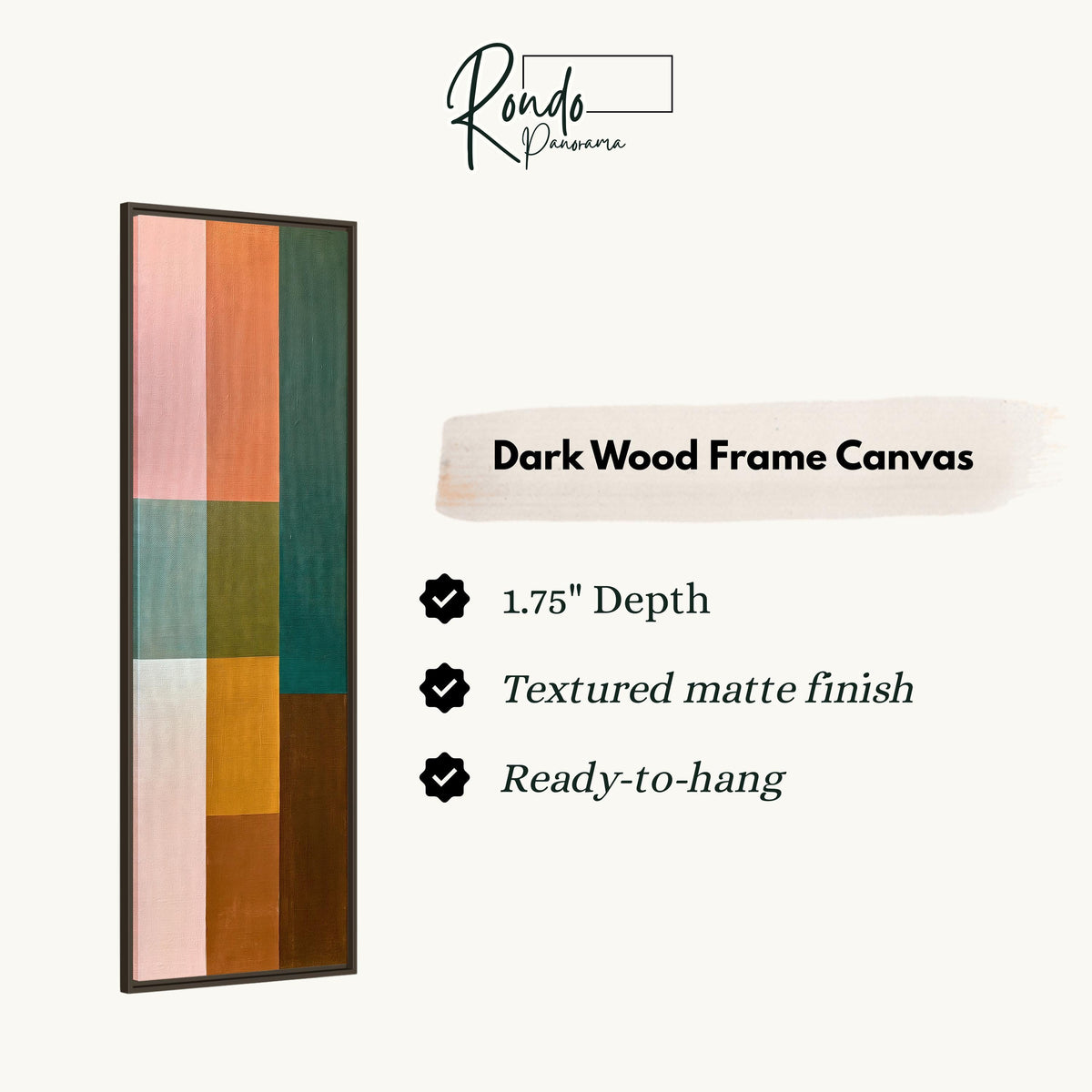 Pastel and earth tone color block grid canvas print in a dark wood floating frame