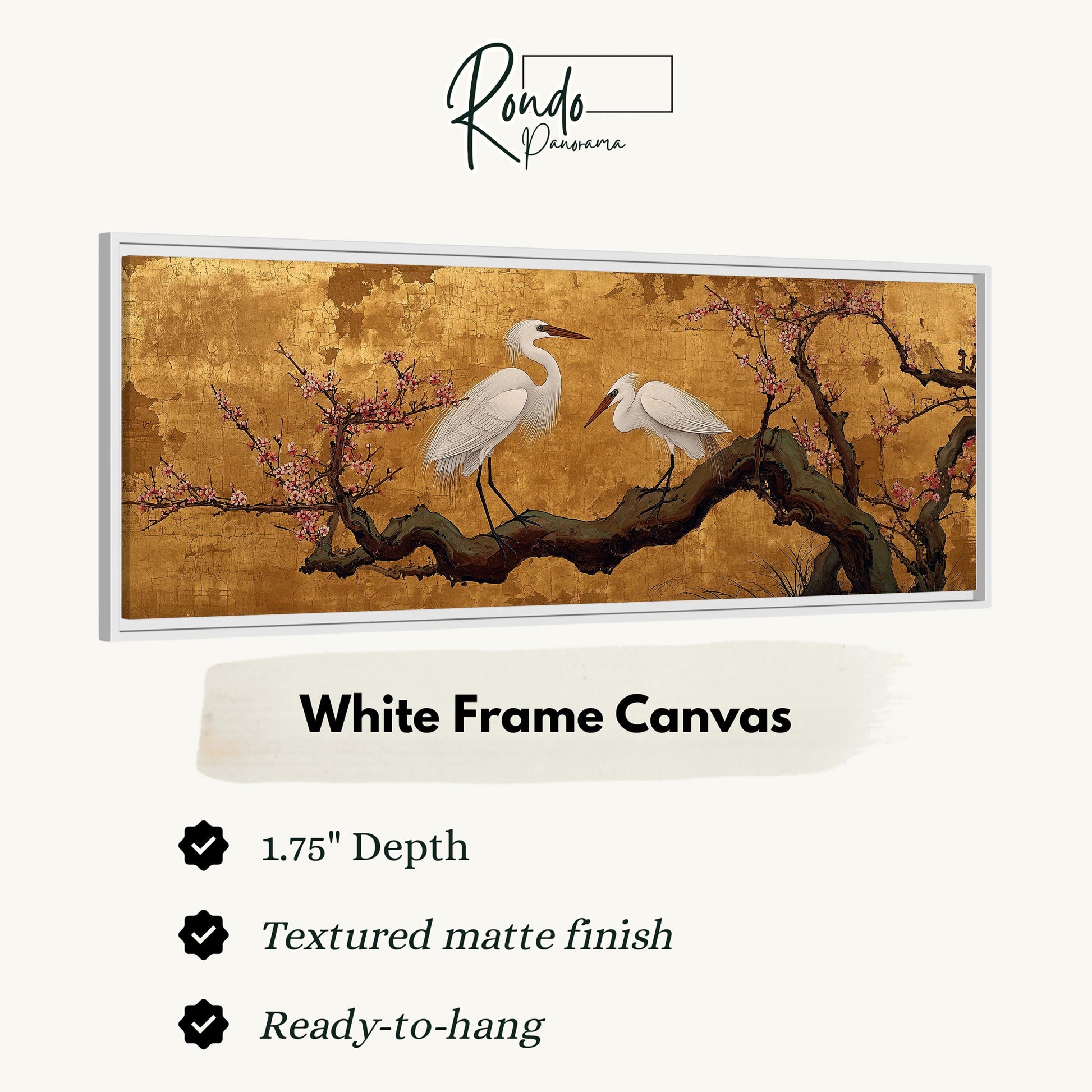 The image is a framed artwork depicting two white birds perched on a branch with pink flowers. The artwork is described as a "White Frame Canvas" with a 1.75" depth, a textured matte finish, and a ready-to-hang condition.