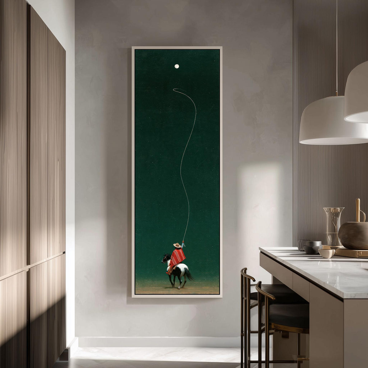 Cowboy throwing a lasso toward the moon tall skinny canvas print in a modern kitchen
