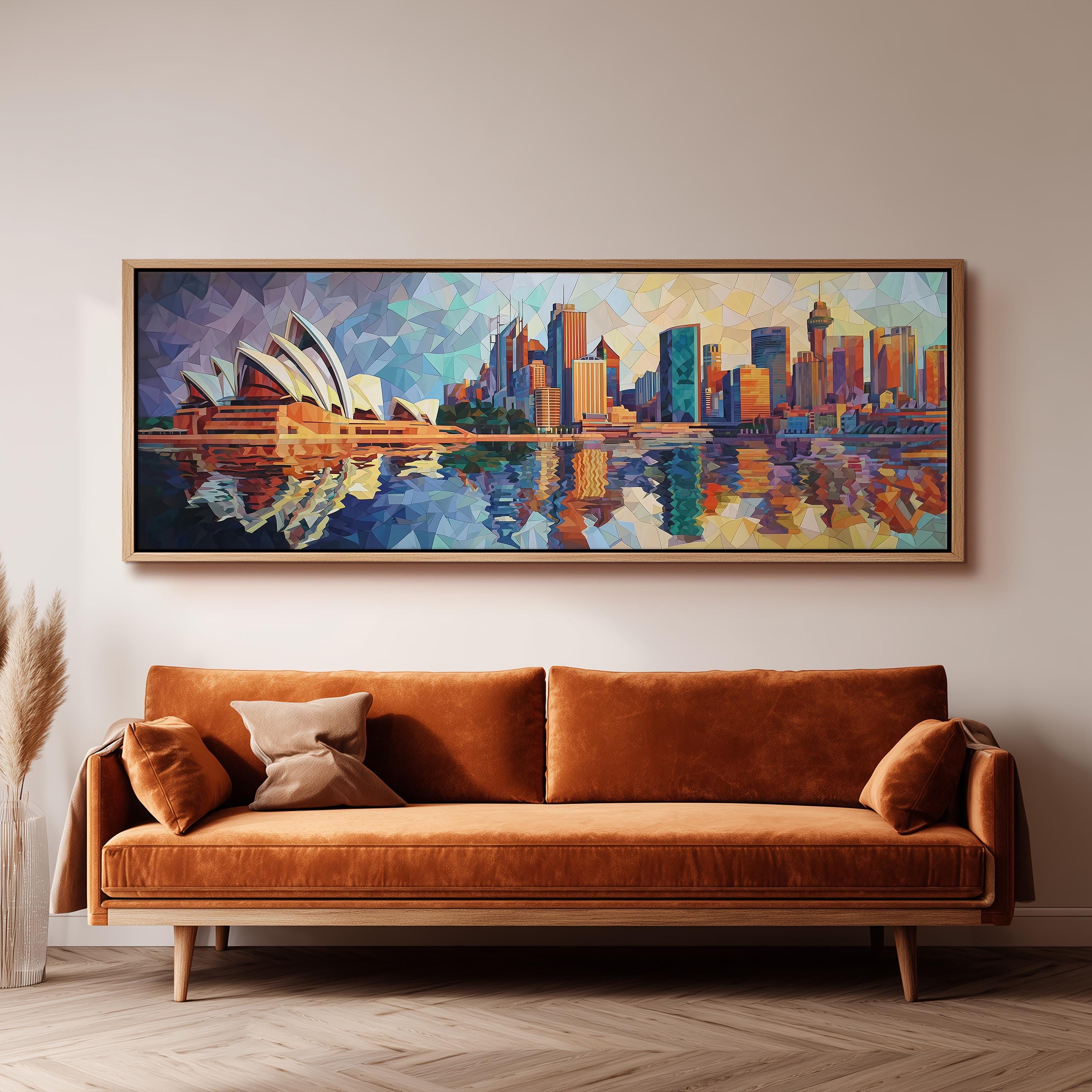 a large, colorful painting of the Sydney Opera House and the city skyline, hanging on a wall above a brown sofa.