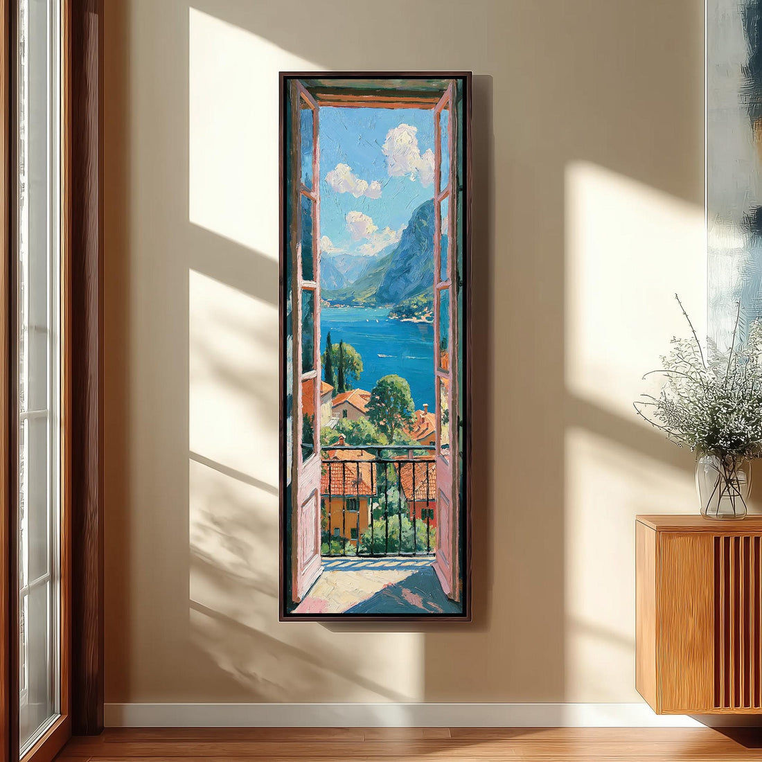 Italian lake view from an open balcony door long vertical canvas print in a sunlit living space