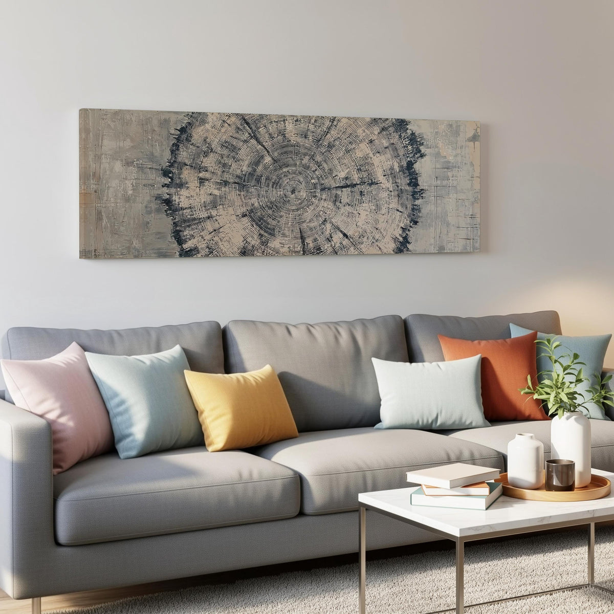 Navy ink tree ring panoramic canvas print above a grey sofa in a living room