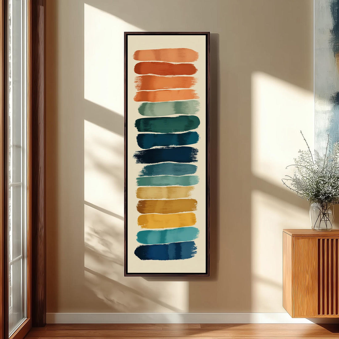 a large, colorful abstract painting hanging on a wall in a room with wooden paneling.