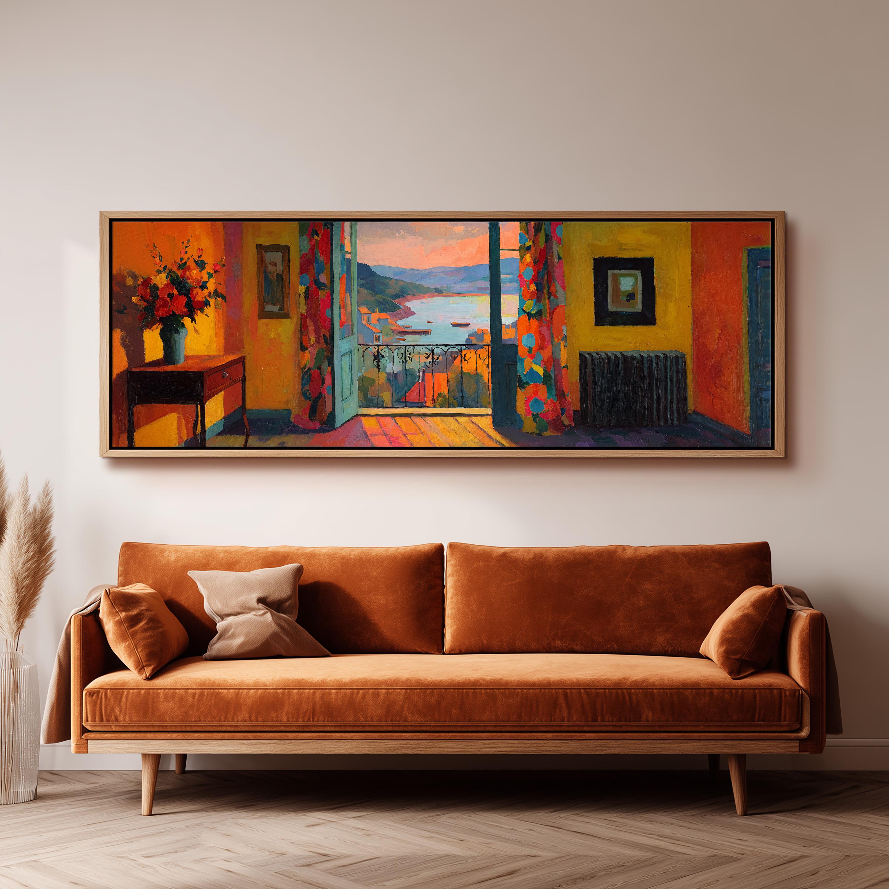 a large, colorful painting of a room with a couch and a vase of flowers, hanging on a wall above a brown sofa.
