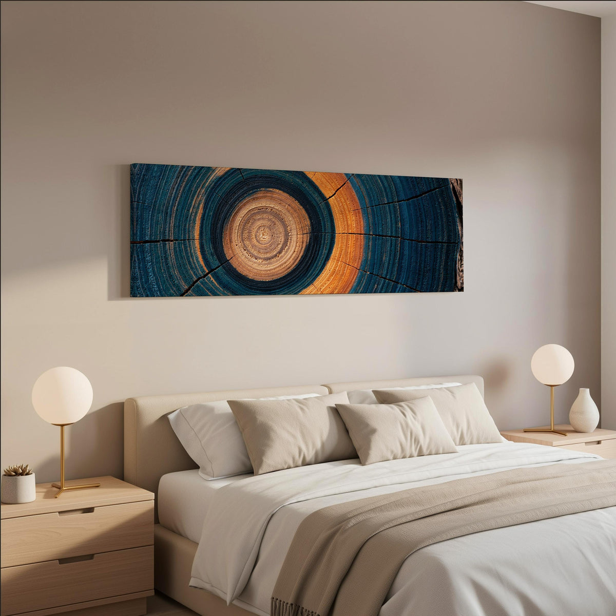 Teal and orange tree ring wide panoramic canvas print above a bed in a neutral bedroom