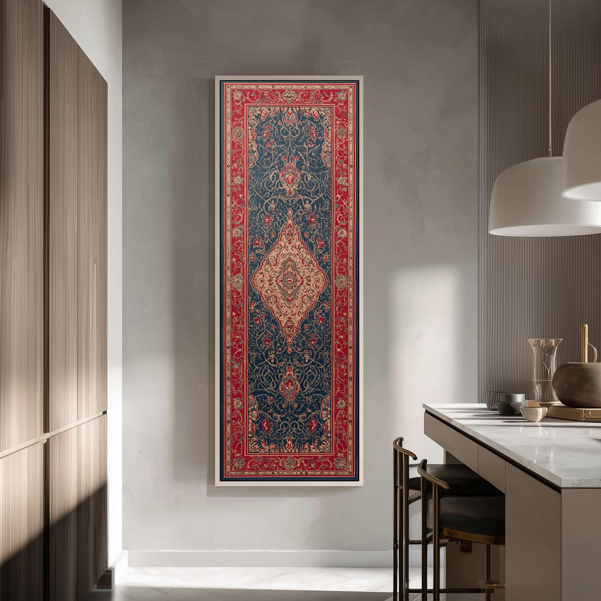 a large, colorful rug hanging on a wall in a modern kitchen.
