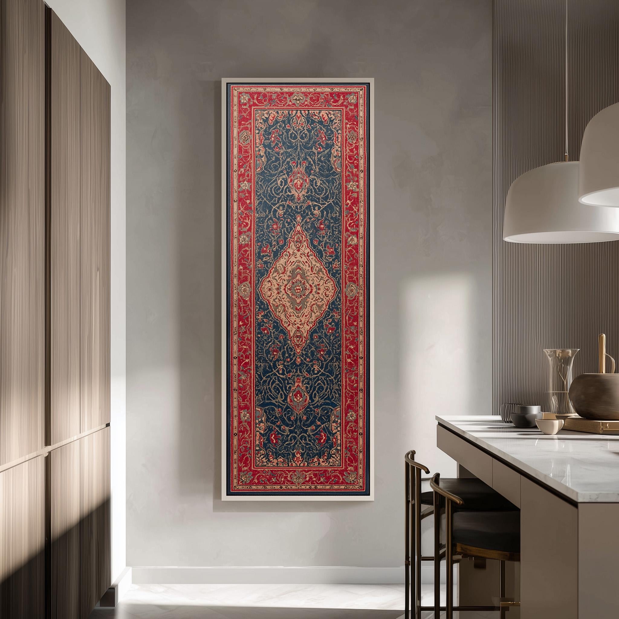 a large, colorful rug hanging on a wall in a modern kitchen.