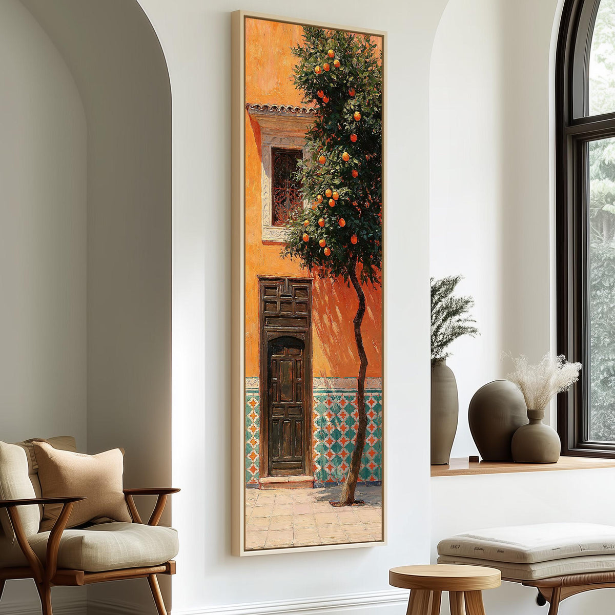Orange tree beside a carved courtyard door tall skinny canvas print in a sunlit living space
